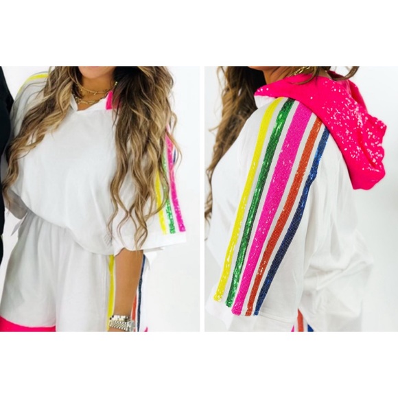 Fantastic Fawn Tops - Fantastic Fawn White Sequin Hooded Short Sleeve